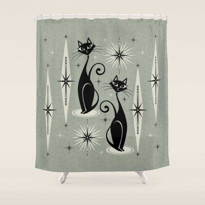 Mid Century Meow Retro Atomic Cats - Gray Shower Curtain Gallery Image 1