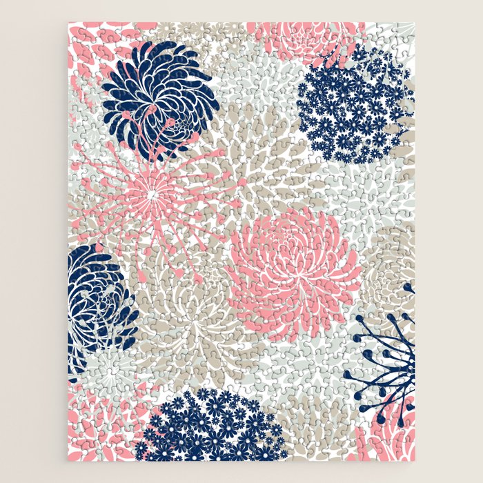 Floral Mixed Blooms, Blush Pink, Navy Blue, Gray, Beige Jigsaw Puzzle Gallery Image 1