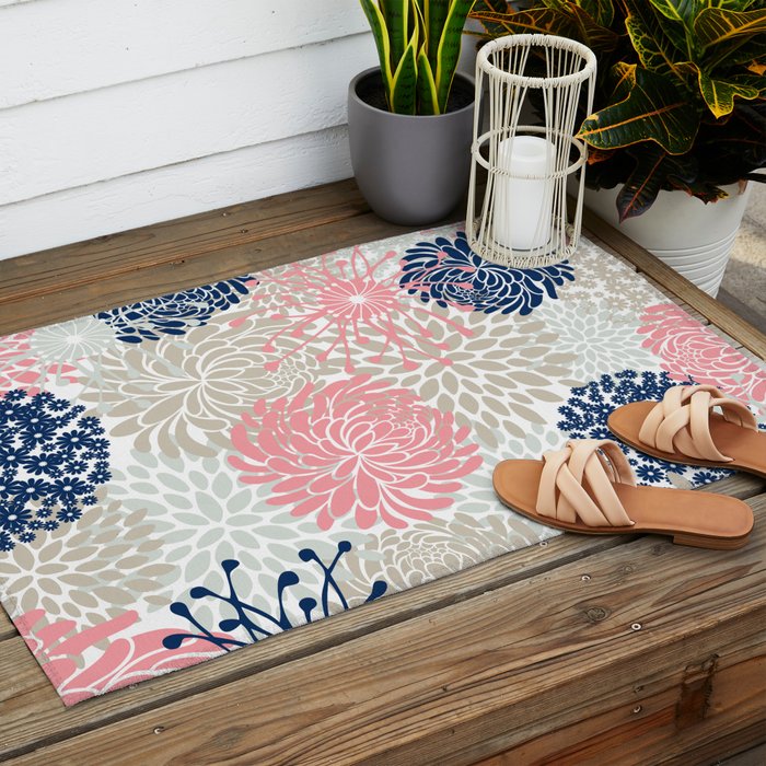 Floral Mixed Blooms, Blush Pink, Navy Blue, Gray, Beige Outdoor Rug Gallery Image 2