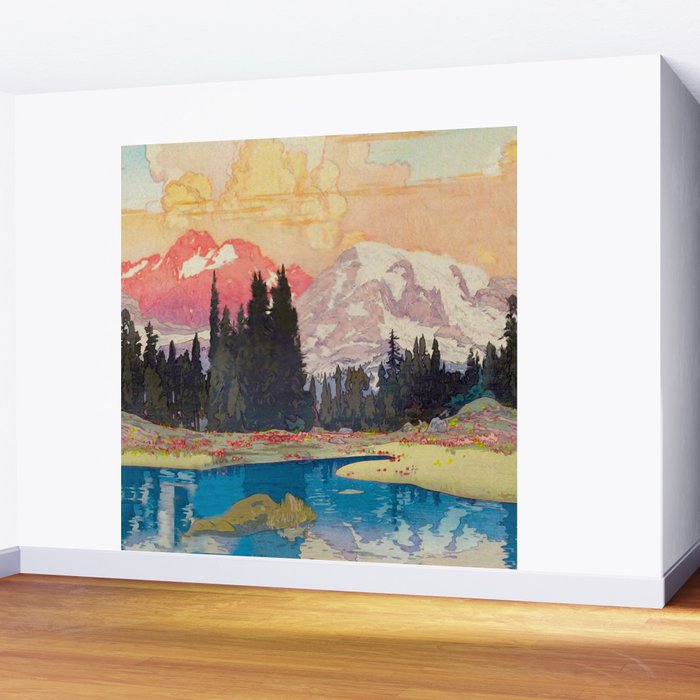 Storms over Keiisino - Winter Mountain & Forest Ukiyoe Nature Landscape in Pink, Blue, and Green Wall Mural Gallery Image 2
