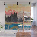 Storms over Keiisino - Winter Mountain & Forest Ukiyoe Nature Landscape in Pink, Blue, and Green Wall Mural Gallery Image 1