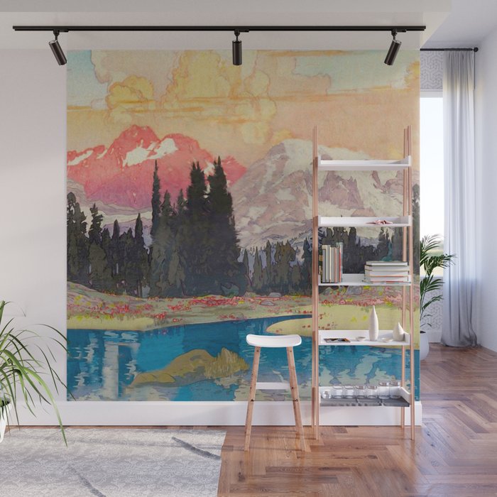 Storms over Keiisino - Winter Mountain & Forest Ukiyoe Nature Landscape in Pink, Blue, and Green Wall Mural Gallery Image 1