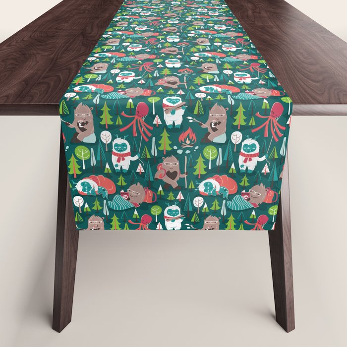 Besties // green background white Yeti brown Bigfoot aqua yellow green and teal pine trees red and coral details Table Runner Gallery Image 1