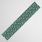 Besties // green background white Yeti brown Bigfoot aqua yellow green and teal pine trees red and coral details Table Runner Gallery Image 3