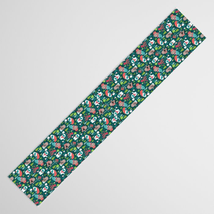 Besties // green background white Yeti brown Bigfoot aqua yellow green and teal pine trees red and coral details Table Runner Gallery Image 3