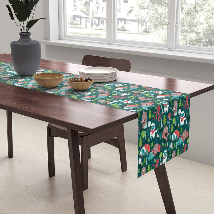 Besties // green background white Yeti brown Bigfoot aqua yellow green and teal pine trees red and coral details Table Runner Gallery Image 2