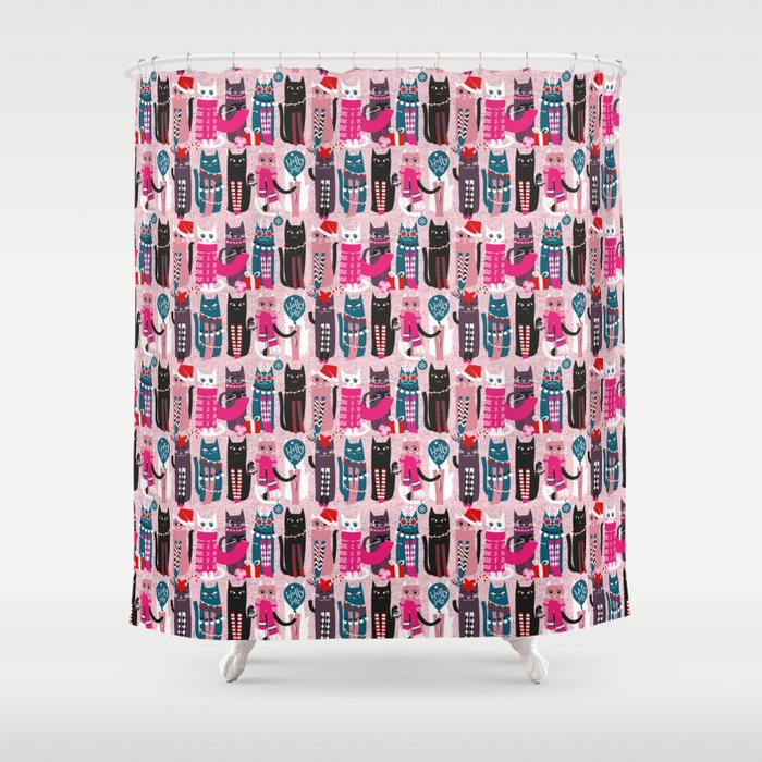 Feline Christmas vibes // pastel pink background green fuchsia pink white and black kittens Shower Curtain Gallery Image 1