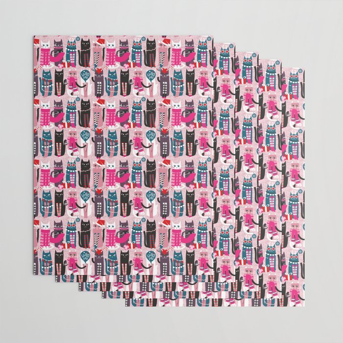 Feline Christmas vibes // pastel pink background green fuchsia pink white and black kittens Wrapping Paper Gallery Image 3