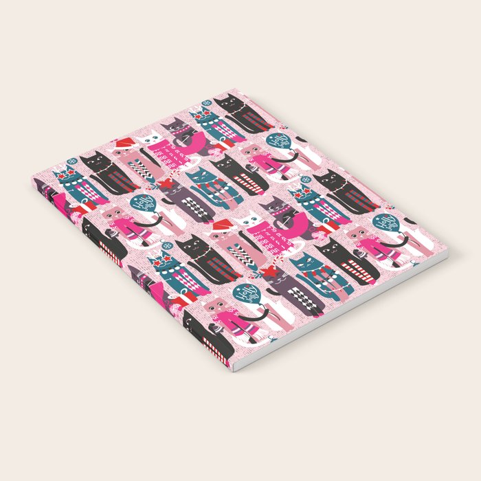 Feline Christmas vibes // pastel pink background green fuchsia pink white and black kittens Notebook Gallery Image 1