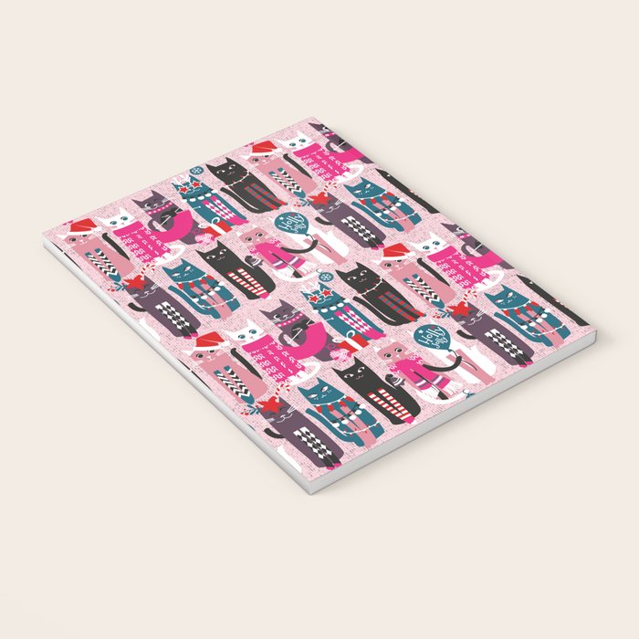 Feline Christmas vibes // pastel pink background green fuchsia pink white and black kittens Notebook Gallery Image 3
