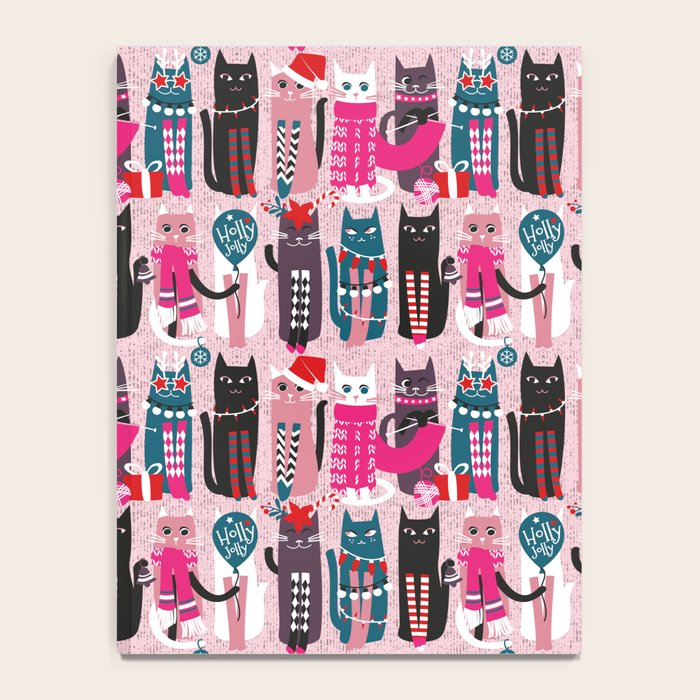 Feline Christmas vibes // pastel pink background green fuchsia pink white and black kittens Notebook Gallery Image 4