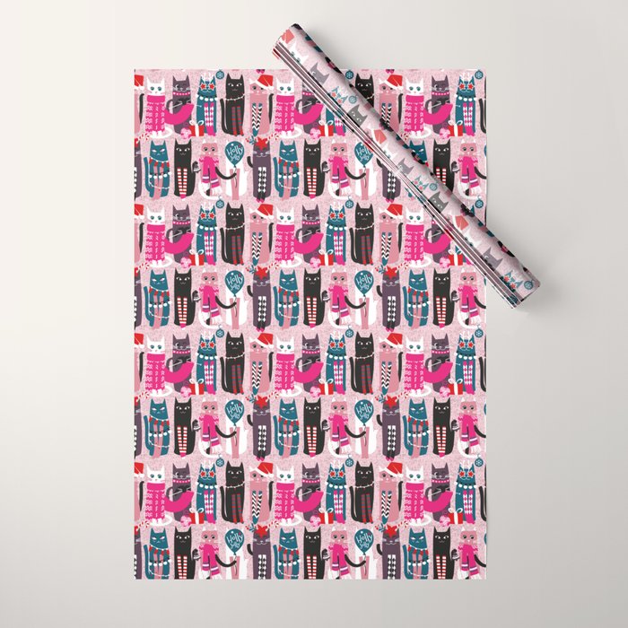 Feline Christmas vibes // pastel pink background green fuchsia pink white and black kittens Wrapping Paper Gallery Image 1