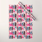 Feline Christmas vibes // pastel pink background green fuchsia pink white and black kittens Wrapping Paper Gallery Image 1
