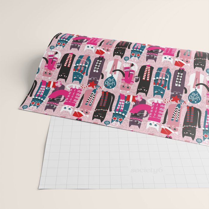 Feline Christmas vibes // pastel pink background green fuchsia pink white and black kittens Wrapping Paper Gallery Image 2