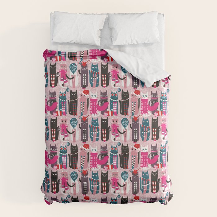 Feline Christmas vibes // pastel pink background green fuchsia pink white and black kittens Duvet Cover Gallery Image 1