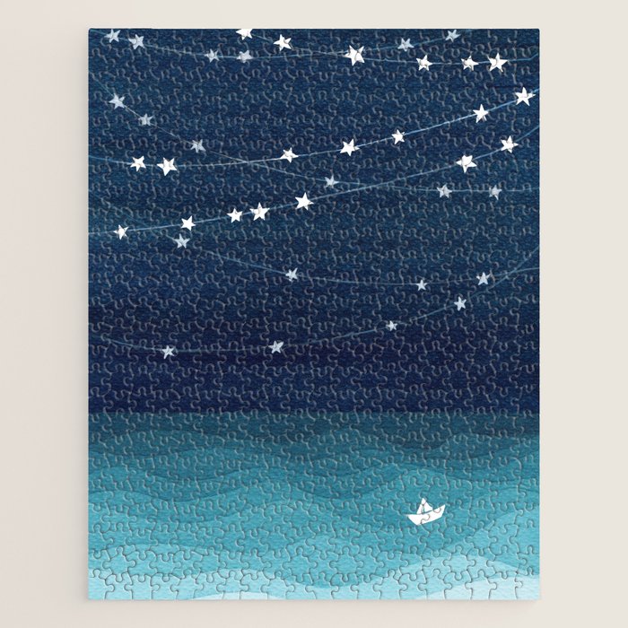 Garlands of stars, watercolor teal ocean Jigsaw Puzzle Gallery Image 1