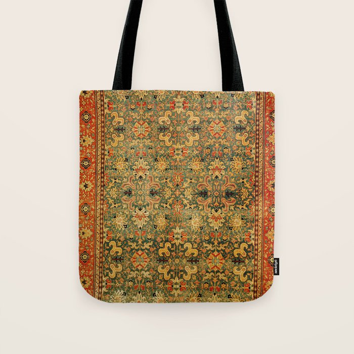 Tabriz Green Orange Rug Print Tote Bag Gallery Image 1