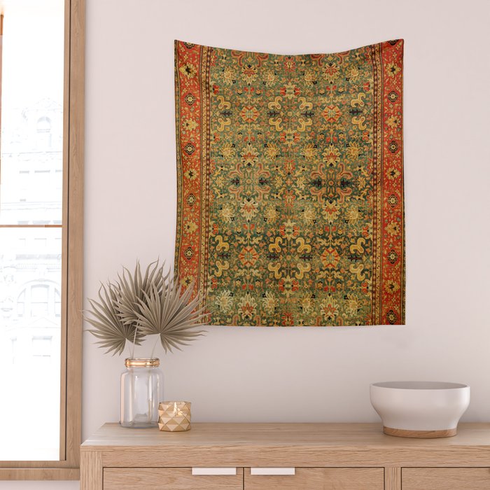 Tabriz Green Orange Rug Print Wall Tapestry Gallery Image 2