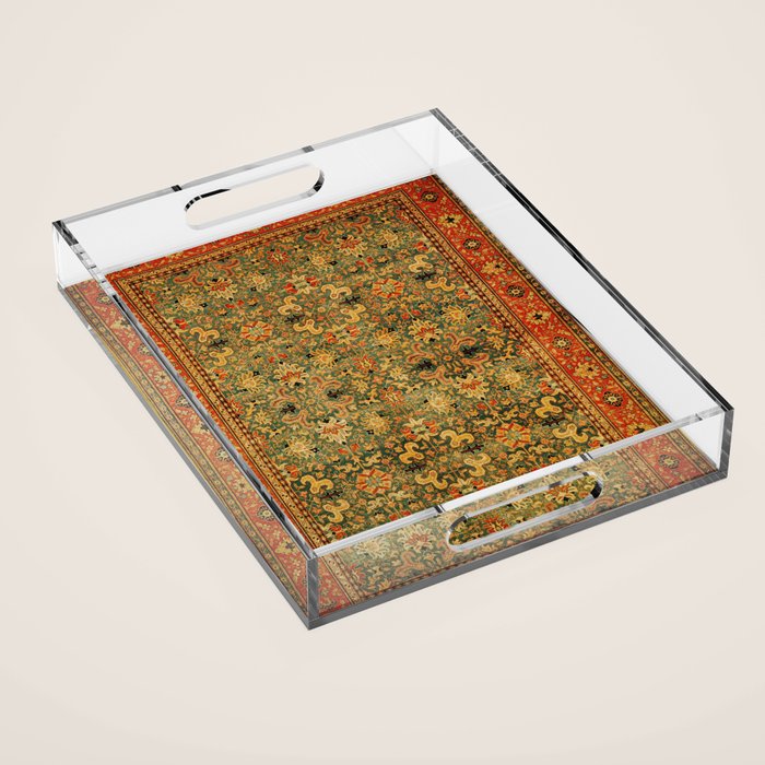 Tabriz Green Orange Rug Print Acrylic Tray Gallery Image 1