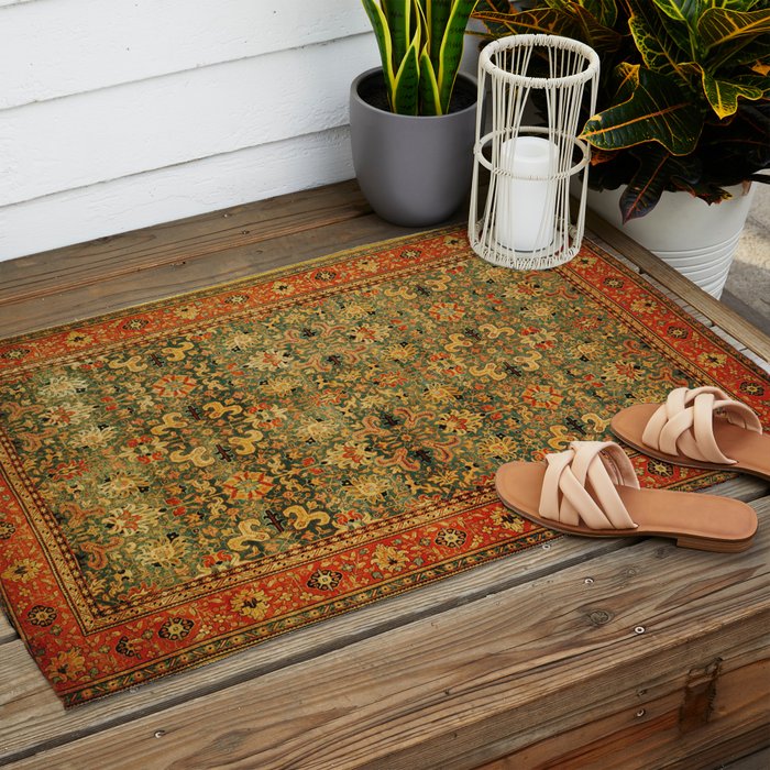 Tabriz Green Orange Rug Print Outdoor Rug Gallery Image 2