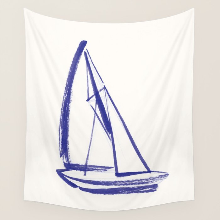 Sailboat Drawing - Blue White Wall Tapestry Gallery Image 4