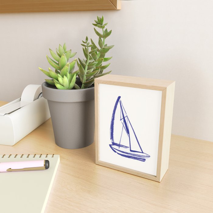 Sailboat Drawing - Blue White Mini Art Print Gallery Image 2
