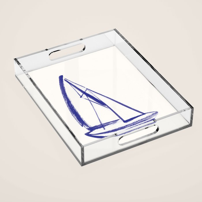 Sailboat Drawing - Blue White Acrylic Tray Gallery Image 1