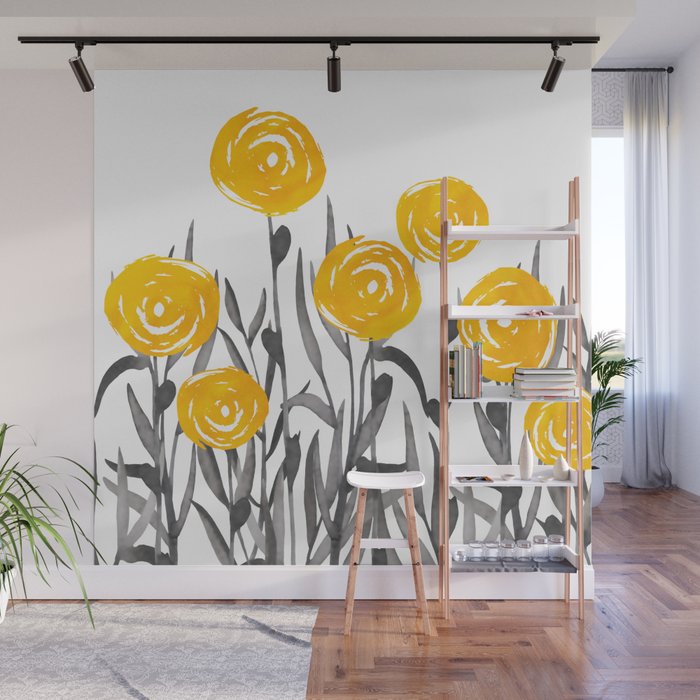 Fall Sunshine, Floral Watercolor Print, Yellow and Gray Wall Mural Gallery Image 1