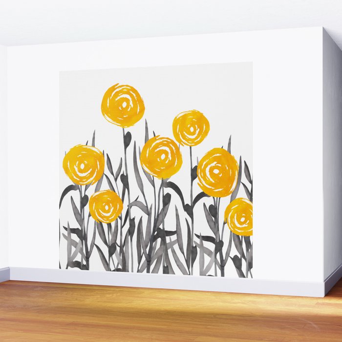 Fall Sunshine, Floral Watercolor Print, Yellow and Gray Wall Mural Gallery Image 2