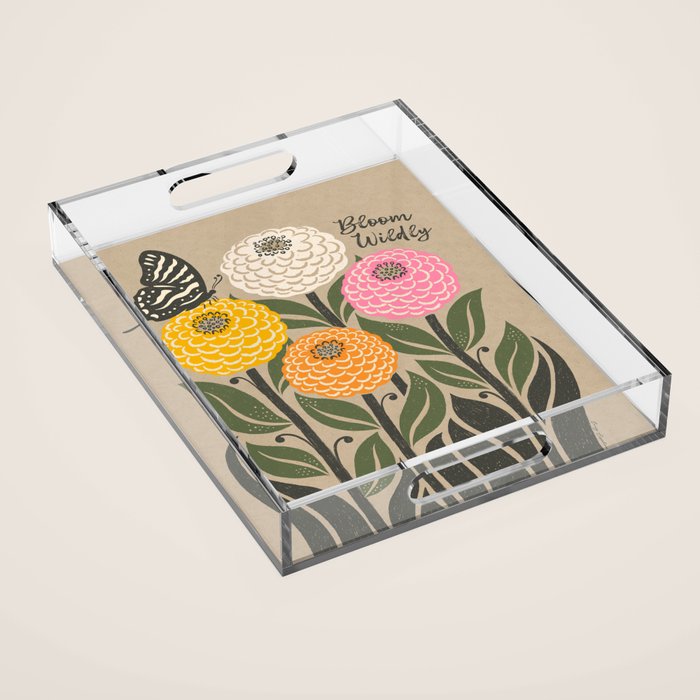 Bloom Wildly - Colorful Zinnia Flowers and Butterfly Acrylic Tray Gallery Image 1