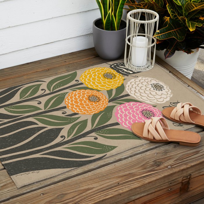 Bloom Wildly - Colorful Zinnia Flowers and Butterfly Outdoor Rug Gallery Image 2