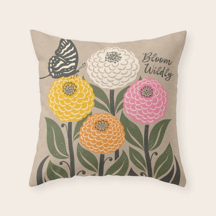 Bloom Wildly - Colorful Zinnia Flowers and Butterfly Throw Pillow Gallery Image 1