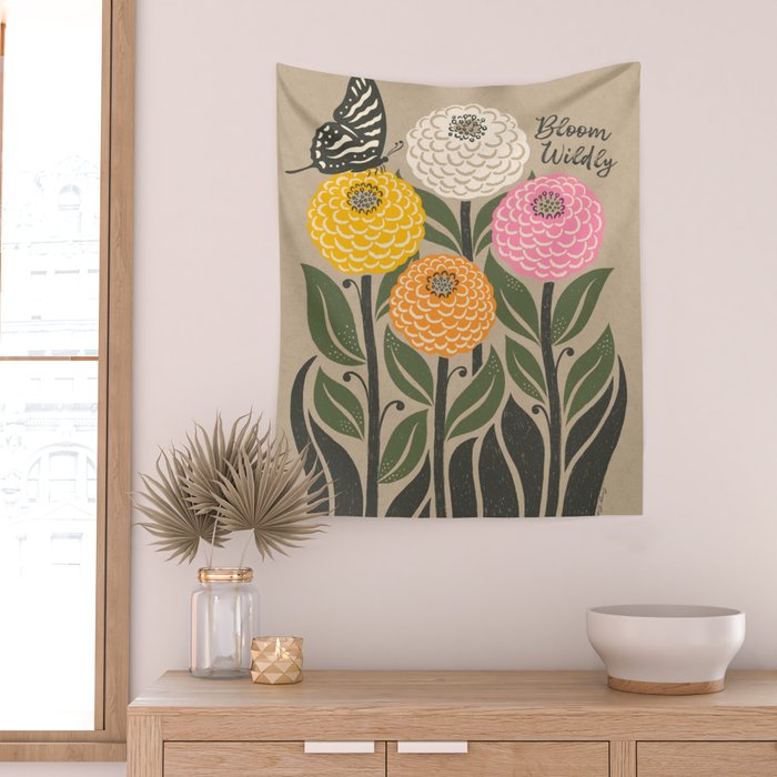 Bloom Wildly - Colorful Zinnia Flowers and Butterfly Wall Tapestry Gallery Image 2