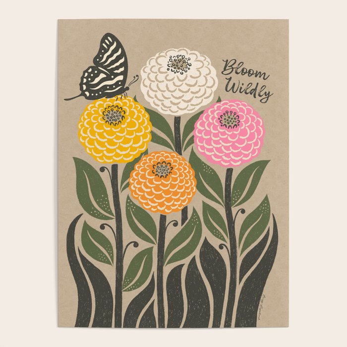 Bloom Wildly - Colorful Zinnia Flowers and Butterfly Poster Gallery Image 4