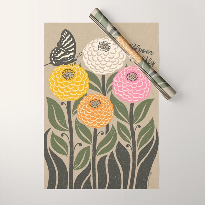 Bloom Wildly - Colorful Zinnia Flowers and Butterfly Wrapping Paper Gallery Image 1