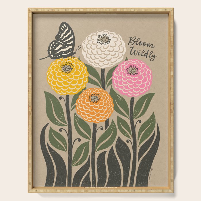 Bloom Wildly - Colorful Zinnia Flowers and Butterfly Serving Tray Gallery Image 1