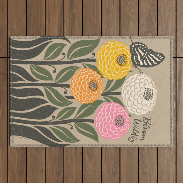 Bloom Wildly - Colorful Zinnia Flowers and Butterfly Outdoor Rug Gallery Image 1