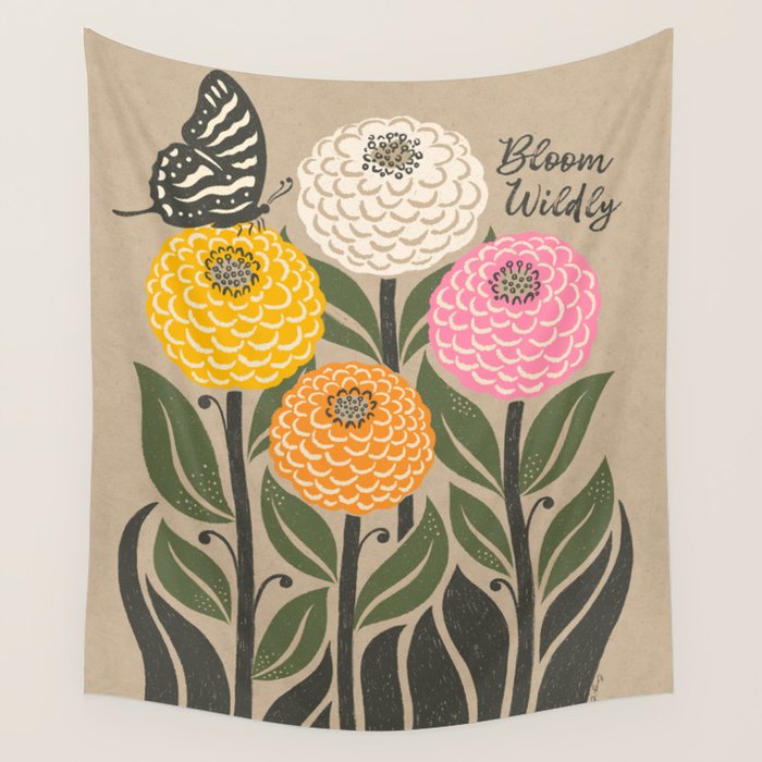 Bloom Wildly - Colorful Zinnia Flowers and Butterfly Wall Tapestry Gallery Image 4