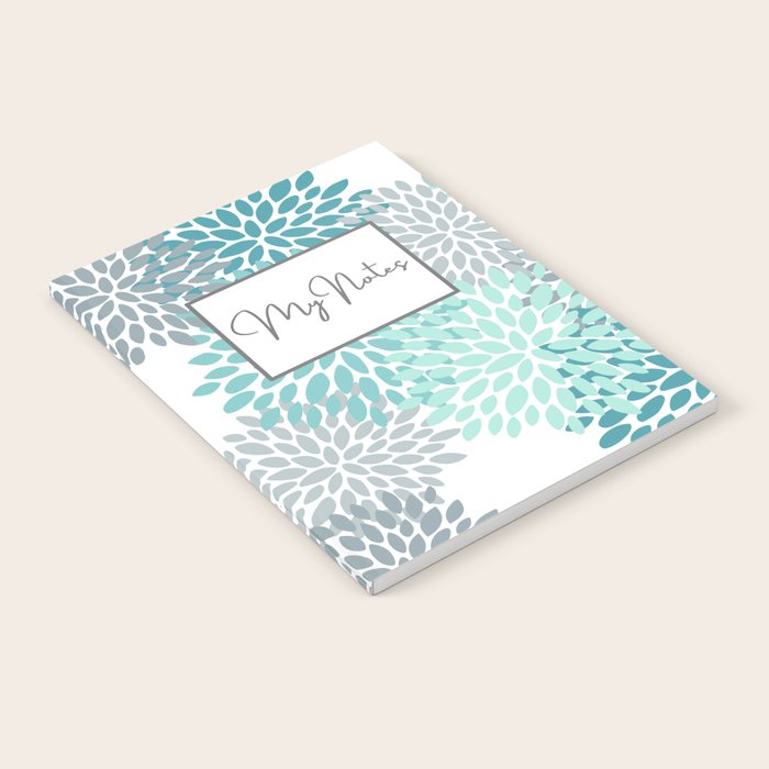 Floral Pattern, Aqua, Teal, Turquoise and Gray Notebook Gallery Image 1