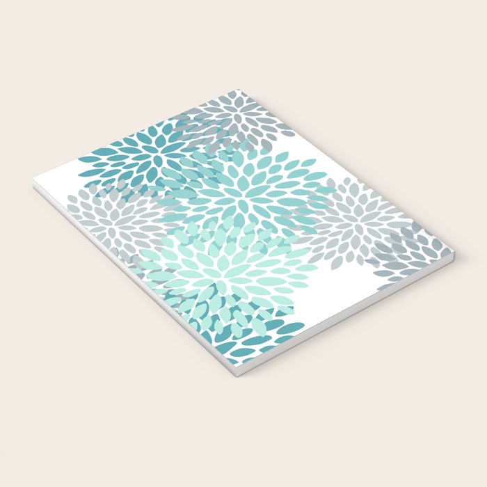 Floral Pattern, Aqua, Teal, Turquoise and Gray Notebook Gallery Image 3