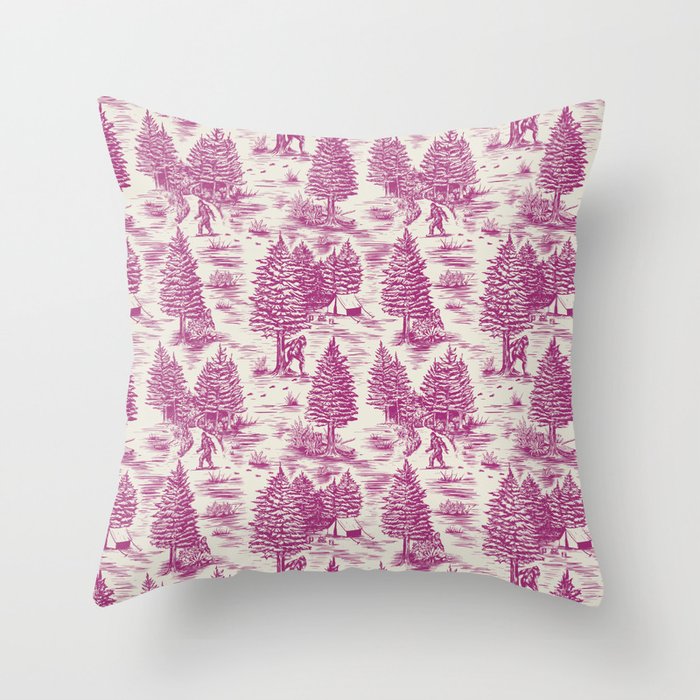 Magenta Bigfoot / Sasquatch Toile de Jouy Throw Pillow Gallery Image 6