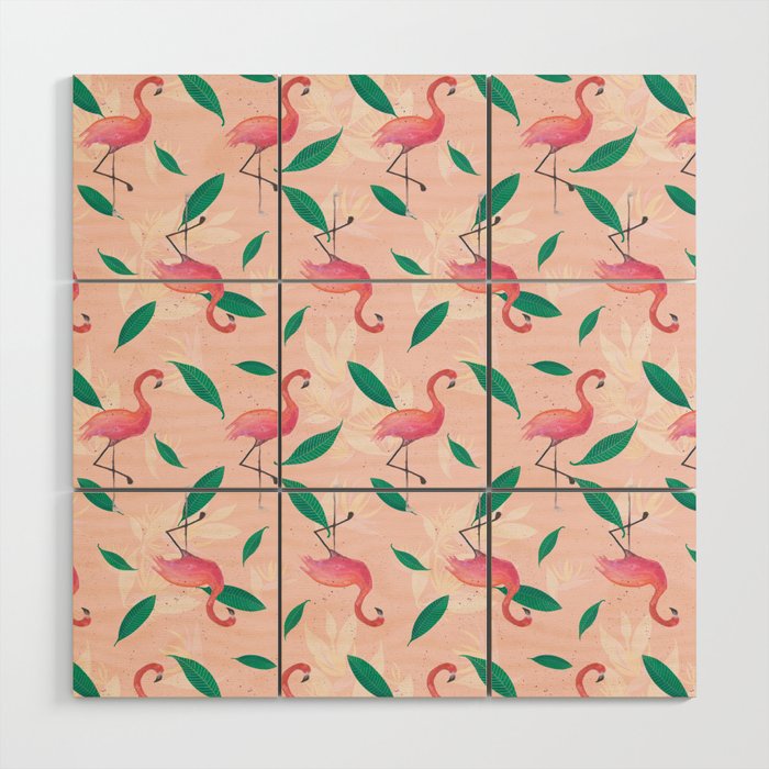Pink flamingo tropical pattern Wood Wall Art Gallery Image 1