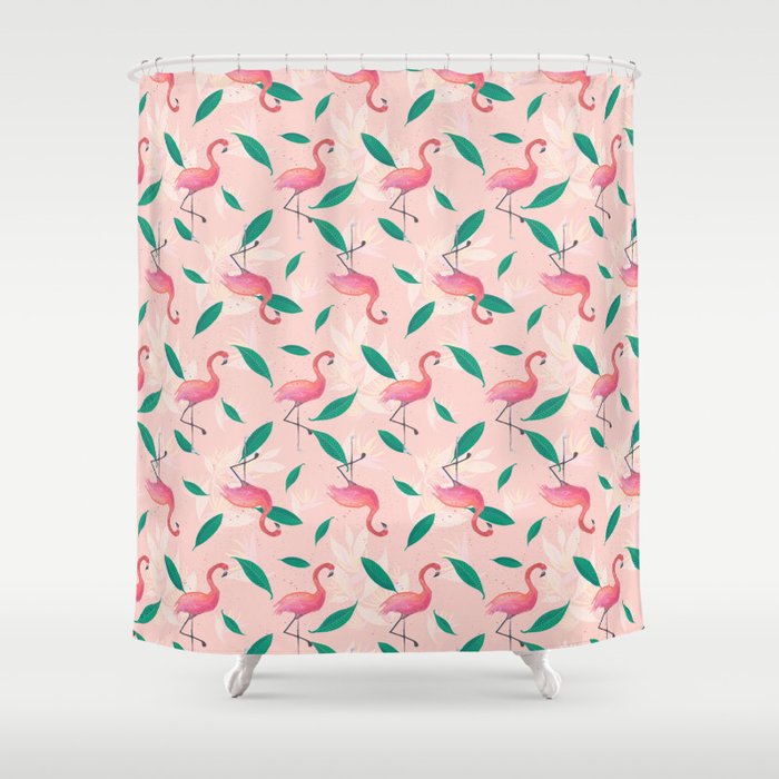 Pink flamingo tropical pattern Shower Curtain Gallery Image 1
