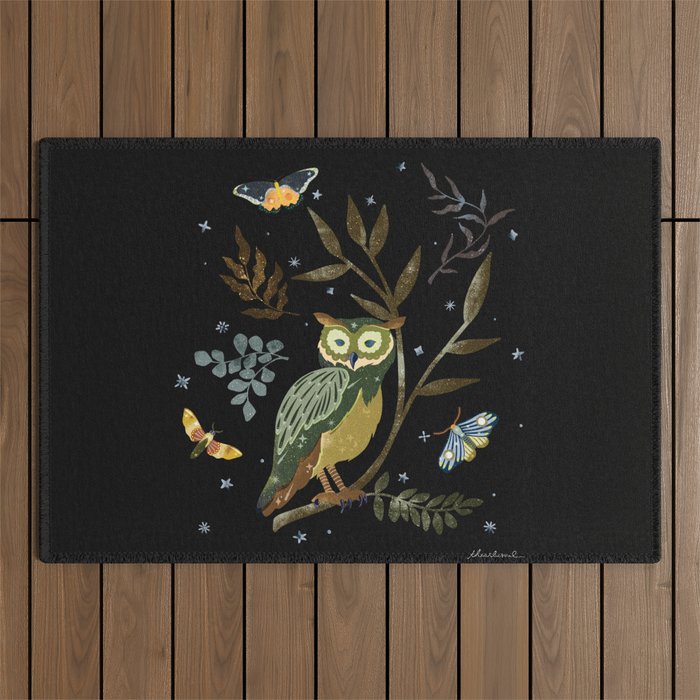 Moonlit Owl and Fluttering Moths Outdoor Rug Gallery Image 1