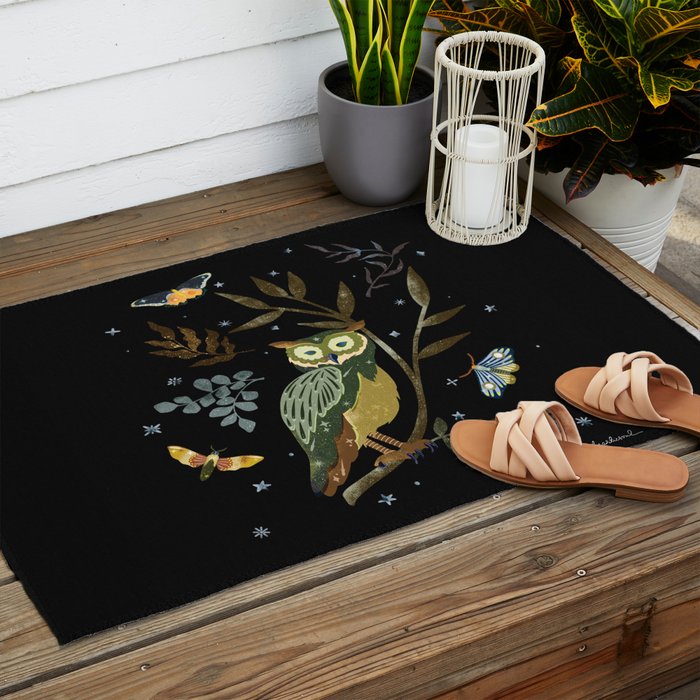 Moonlit Owl and Fluttering Moths Outdoor Rug Gallery Image 2
