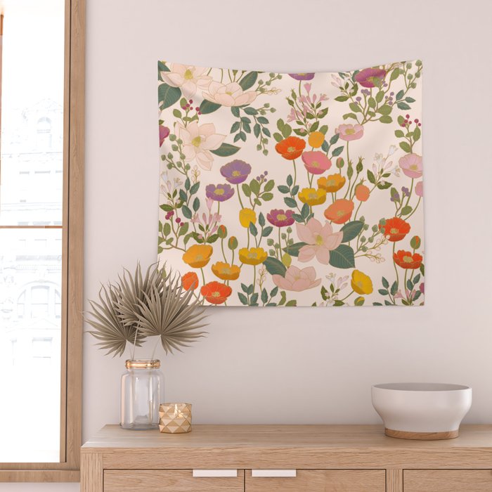 Botanical Cloisonne Garden Cream Wall Tapestry Gallery Image 2