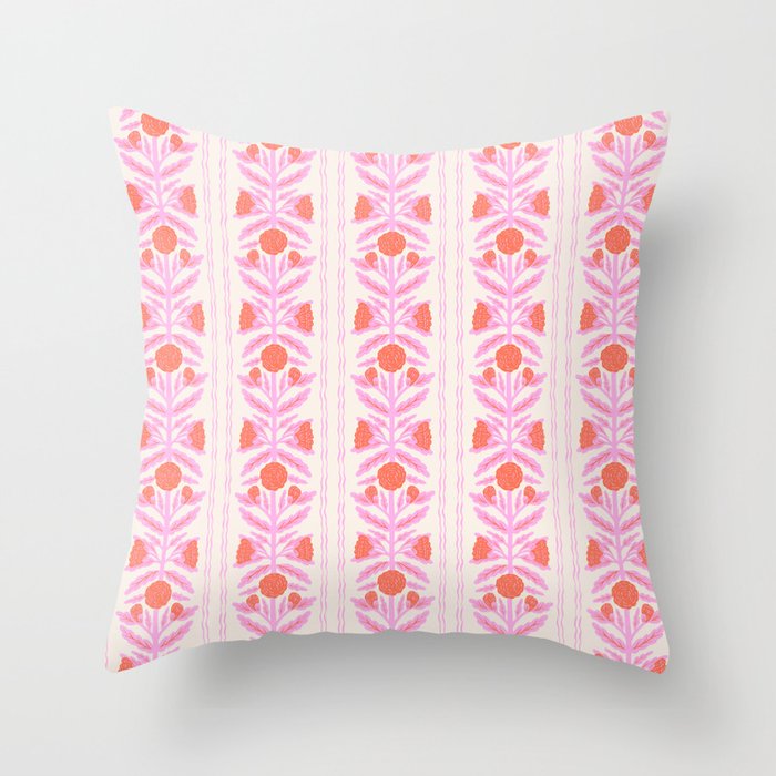 Pink and Red Flower Block Print Illustration Throw Pillow Gallery Image 6