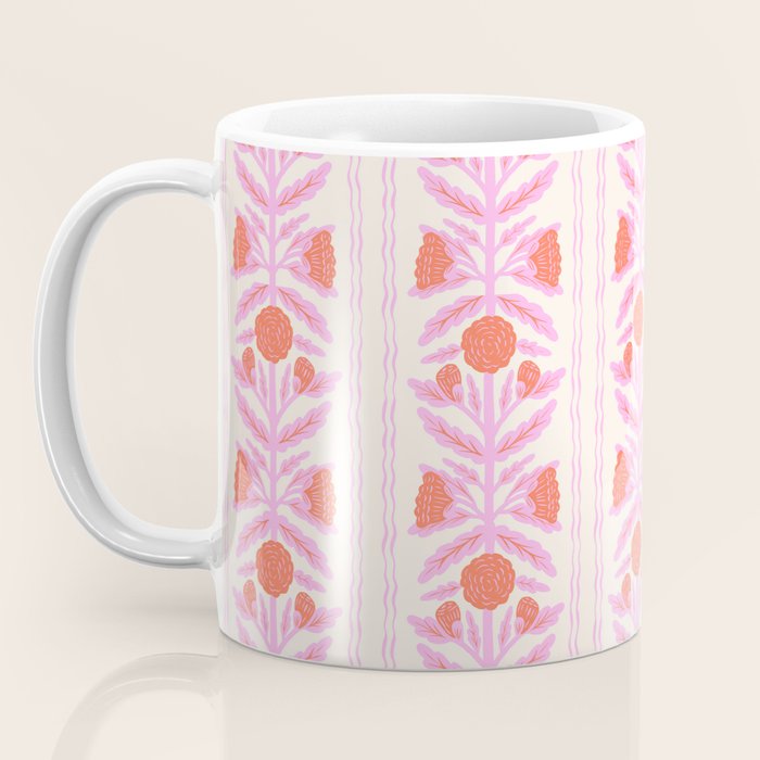 Pink and Red Flower Block Print Illustration Coffee Mug Gallery Image 3