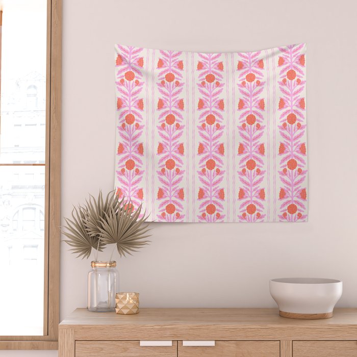 Pink and Red Flower Block Print Illustration Wall Tapestry Gallery Image 2