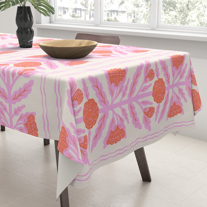 Pink and Red Flower Block Print Illustration Tablecloth Gallery Image 3